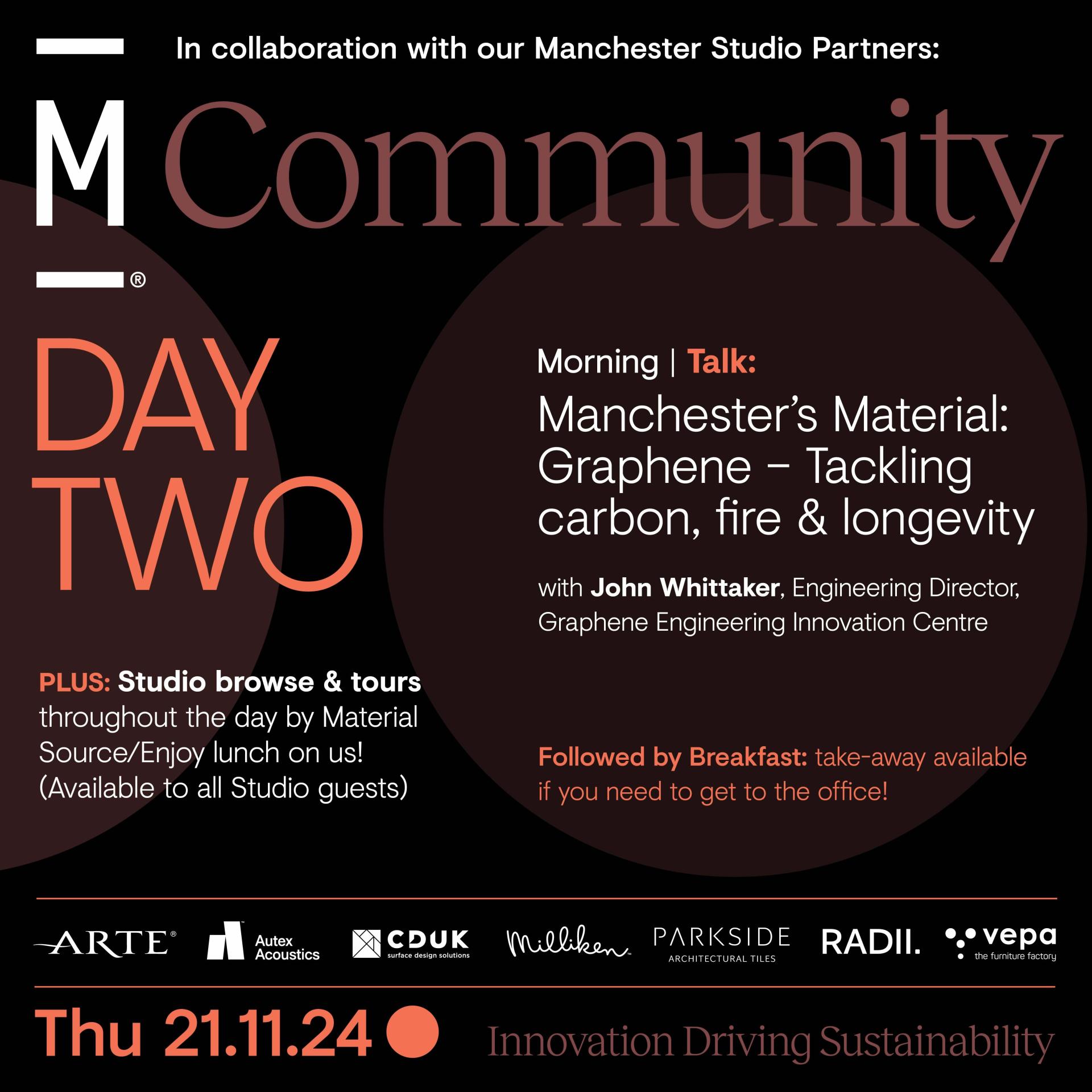 Details of Day Two for the Community festival, featuring talks on graphene and sustainability at Material Source Studio, Manchester.