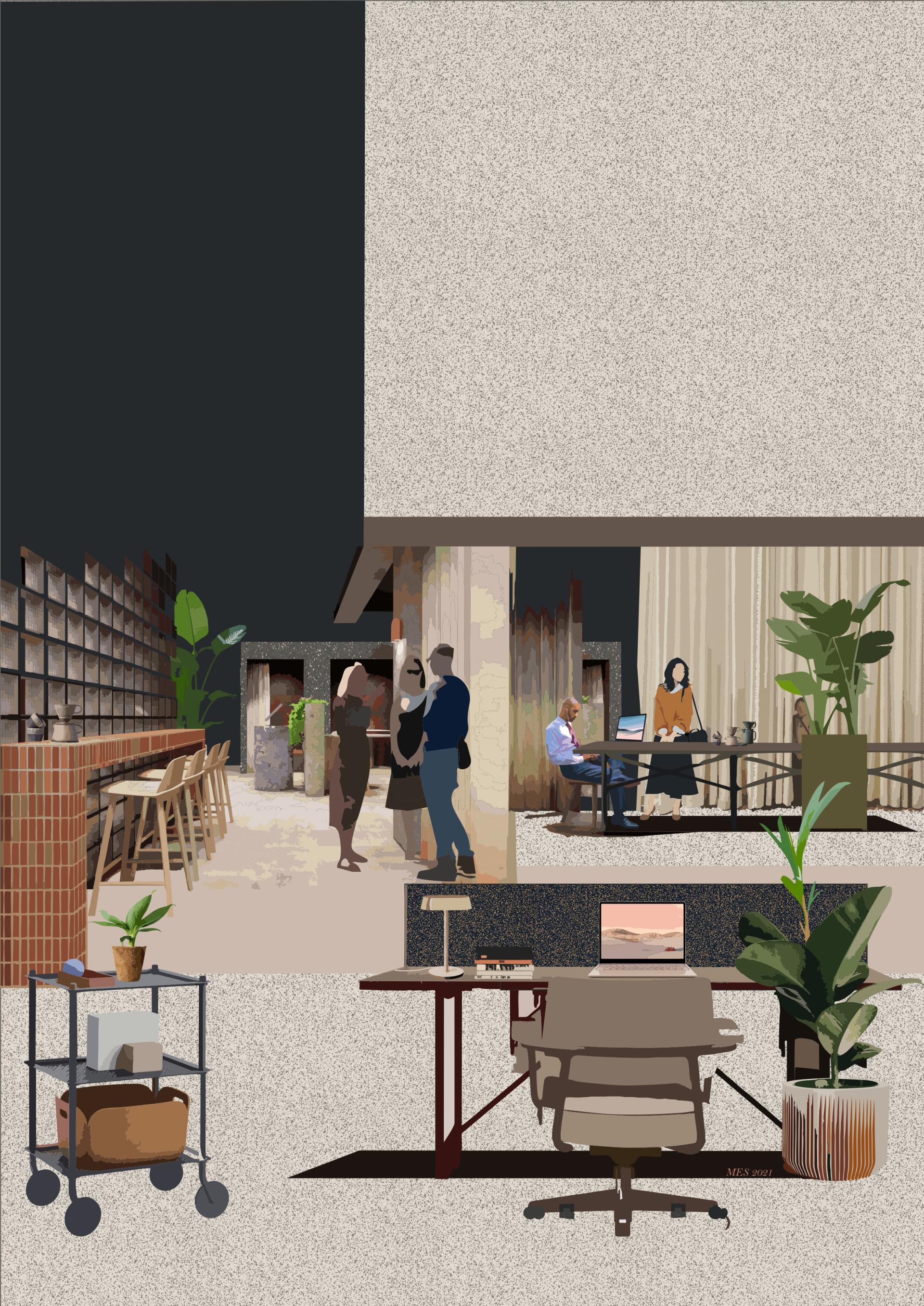Modern co-living space featuring diverse individuals working, socializing, and enjoying a collaborative atmosphere with greenery.