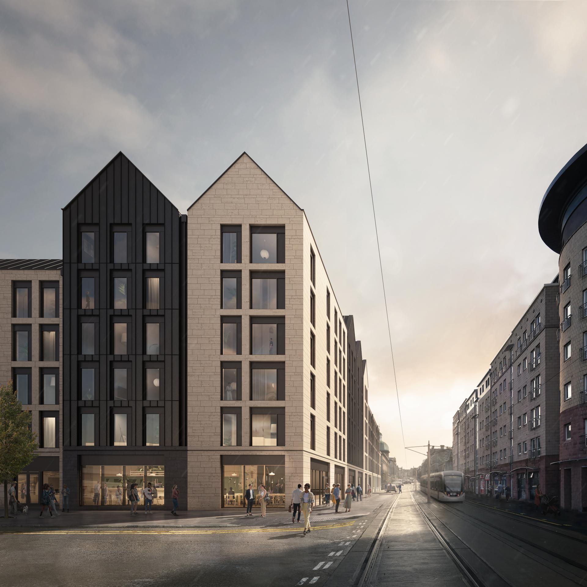 Modern residential development in Scotland featuring contemporary architecture, pedestrians, and tram tracks under a cloudy sky.