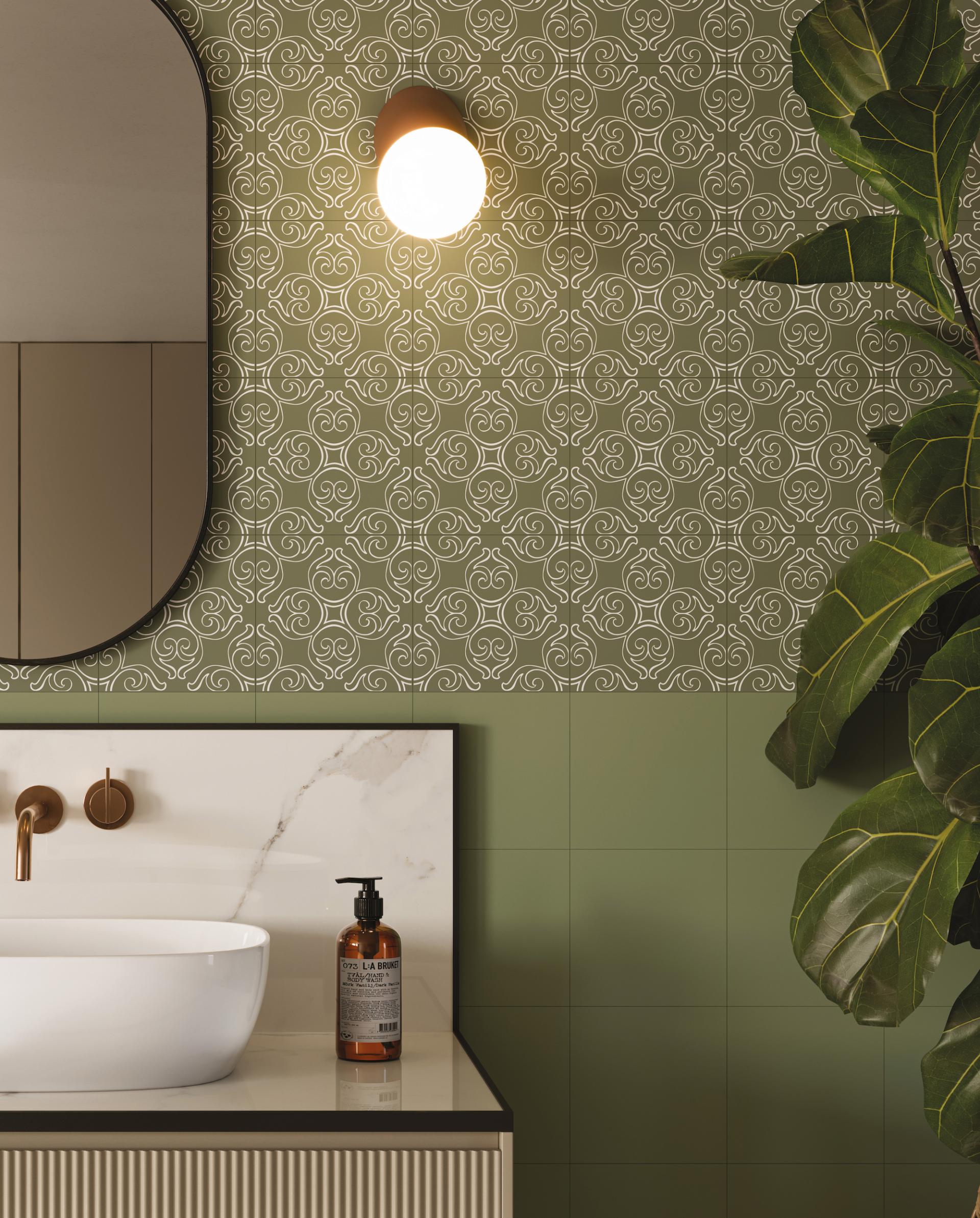 Elegant bathroom featuring Grestec's Silence Collection porcelain tiles, contemporary sink, and modern lighting against a lush green backdrop.