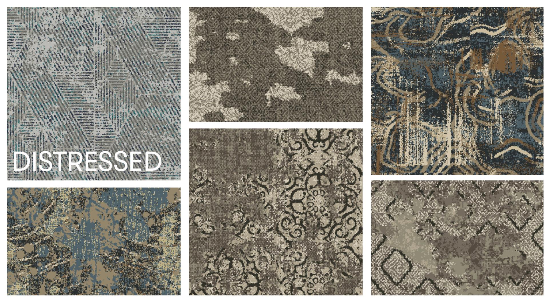 Bespoke carpet designs showcasing distressed patterns in various colors and textures, part of Newhey's online archive.
