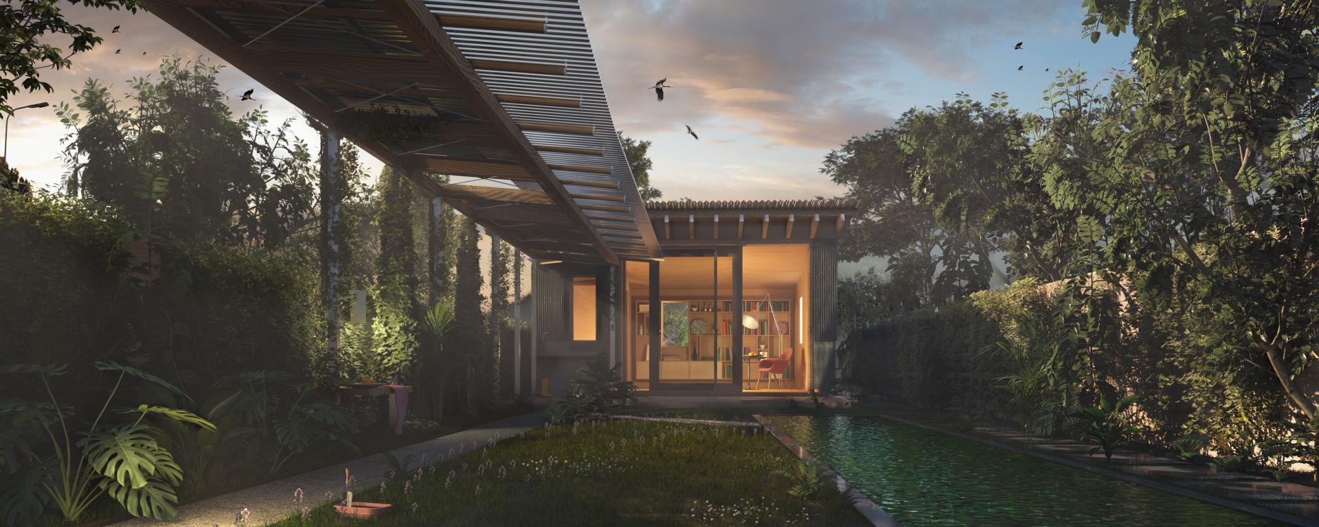 A modern eco-friendly home with lush landscaping, designed with Passivhaus principles, showcasing sustainable architecture in East London.