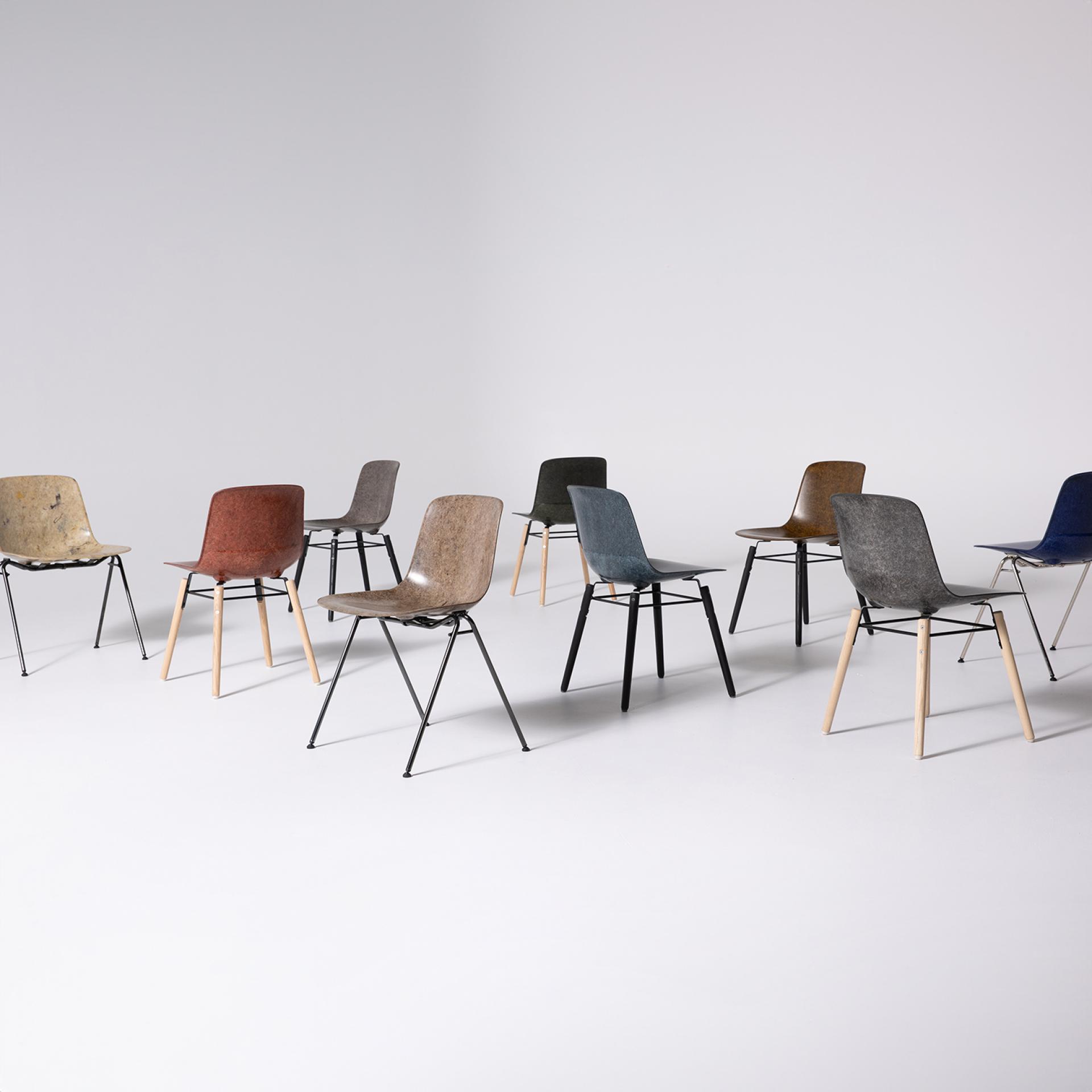 Stylish Solidwool chairs made from British by-products, showcasing unique colors and sustainable design in modern furniture.