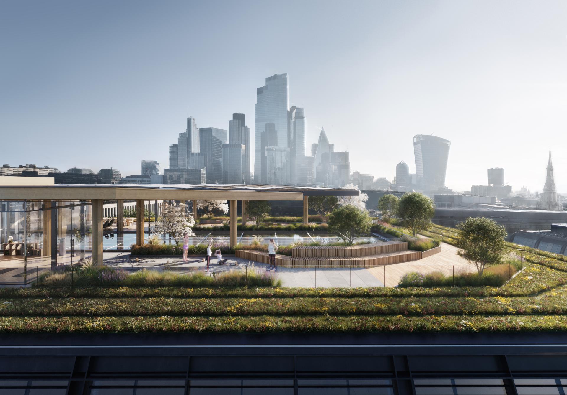 Sustainable rooftop garden featuring greenery and water elements, with a modern city skyline in the background.