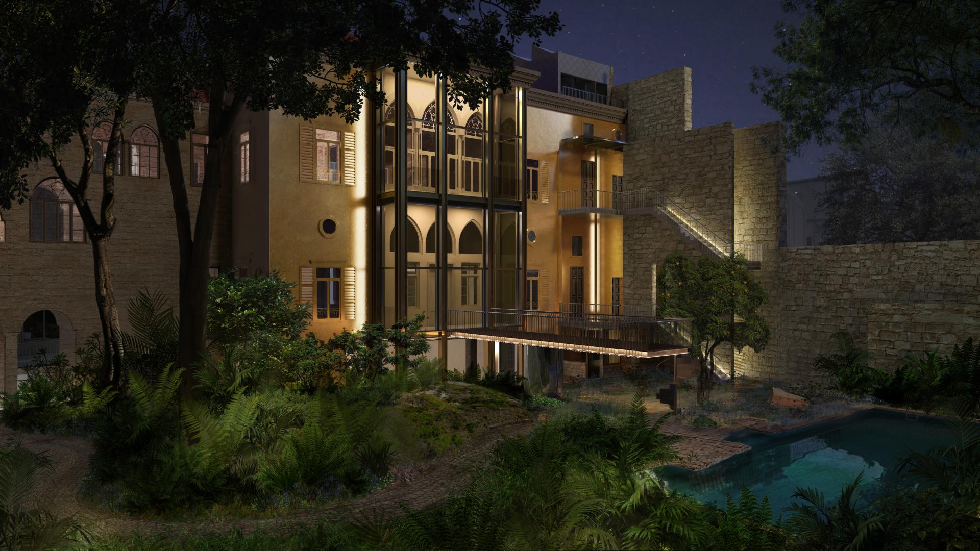 Renovated 19th-century Lebanese house with modern glass extensions, surrounded by lush greenery and a tranquil pool.