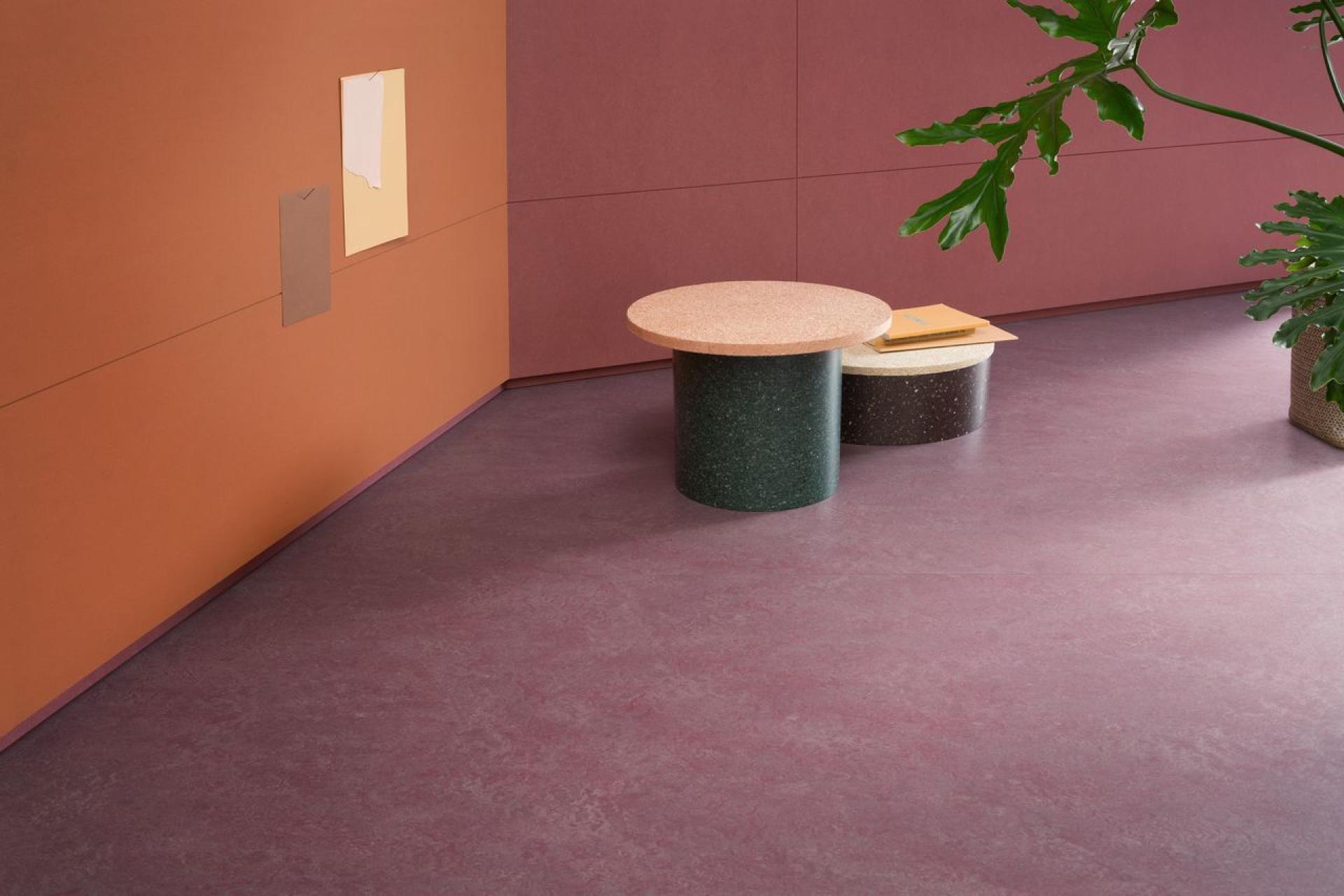 Marmoleum Marbled flooring by Forbo, featuring earthy tones, with modern furniture and indoor plants for a natural aesthetic.