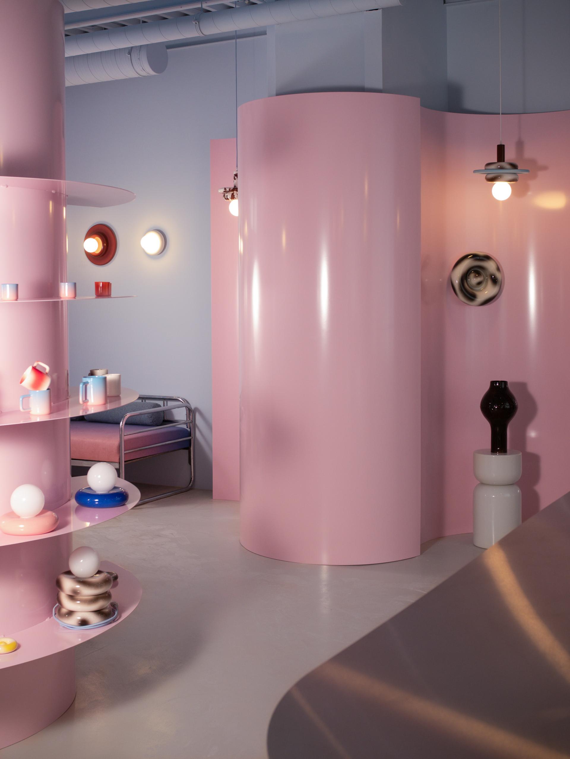 Candy colour and curves for Nodi ceramics studio & workshop by Franz Brannaschk.