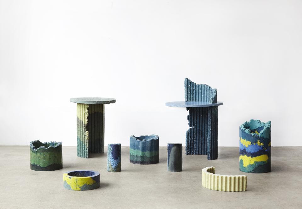 Colorful, textured furniture pieces made from recycled materials, showcasing innovative design at the London Design Fair.