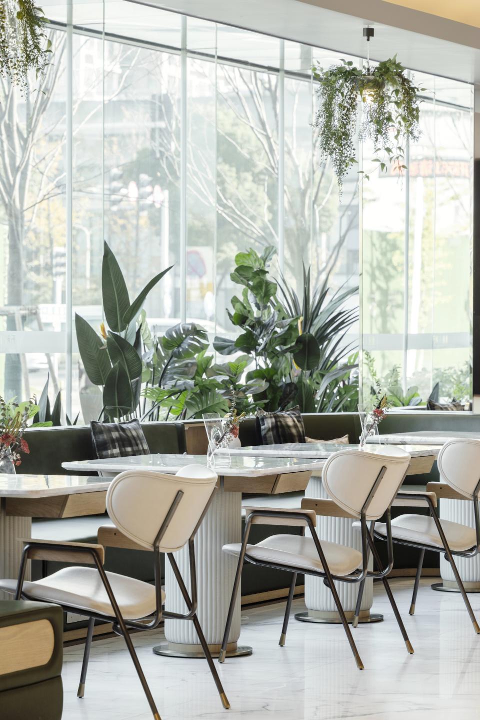 Stylish coffee shop interior featuring modern tables, elegant chairs, and lush greenery by large windows.