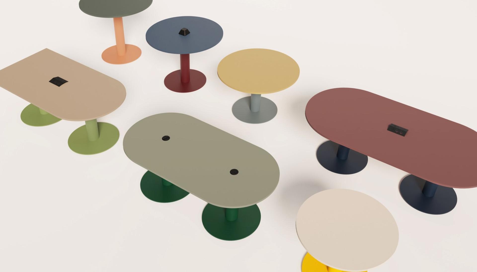 Stylish tables in various shapes and colors from sixteen3's Betto range, designed to foster connection and interaction.