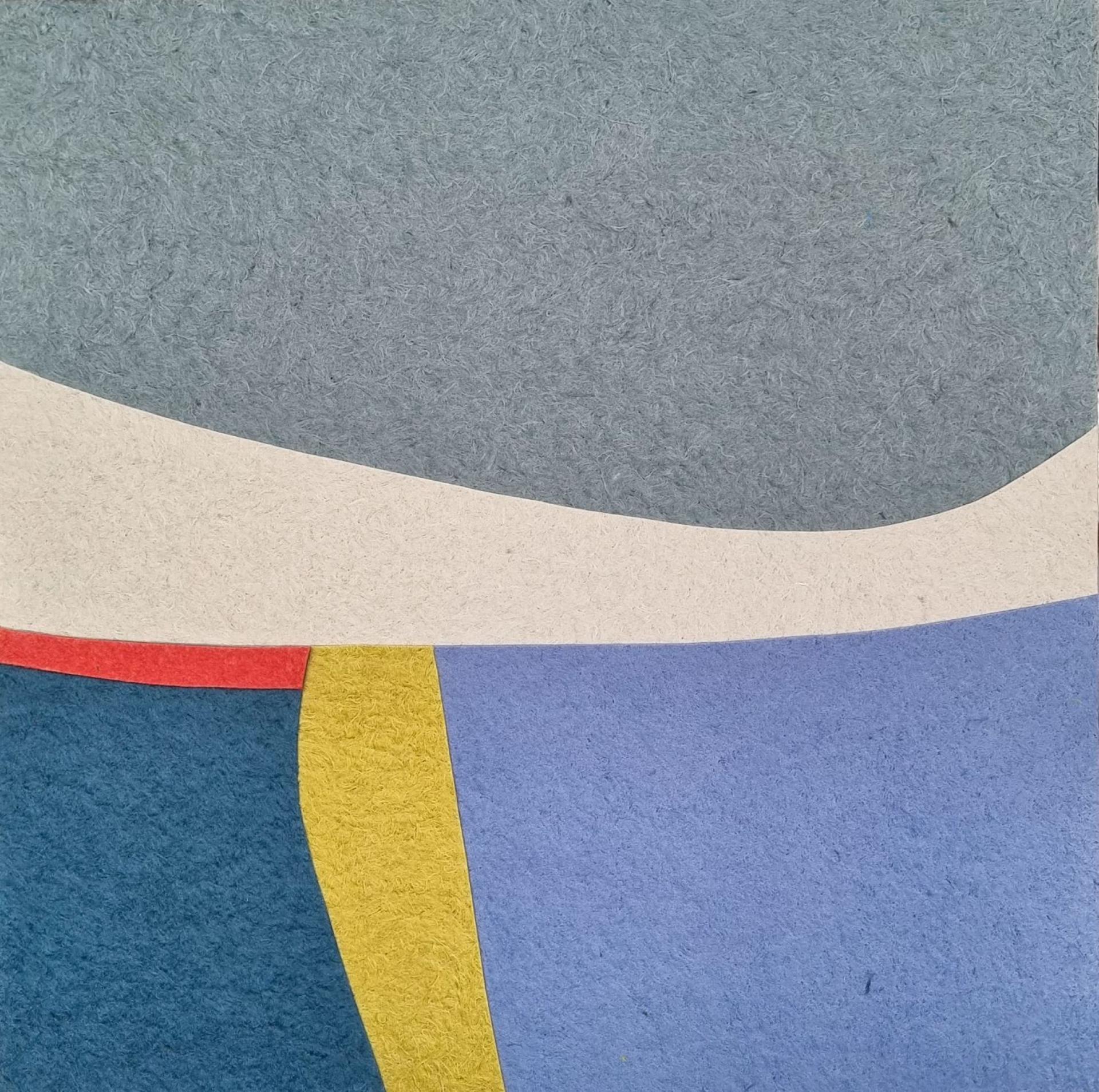 Textured artwork featuring abstract shapes in various colors, showcasing Sandra Junele's closed-loop textile art techniques.