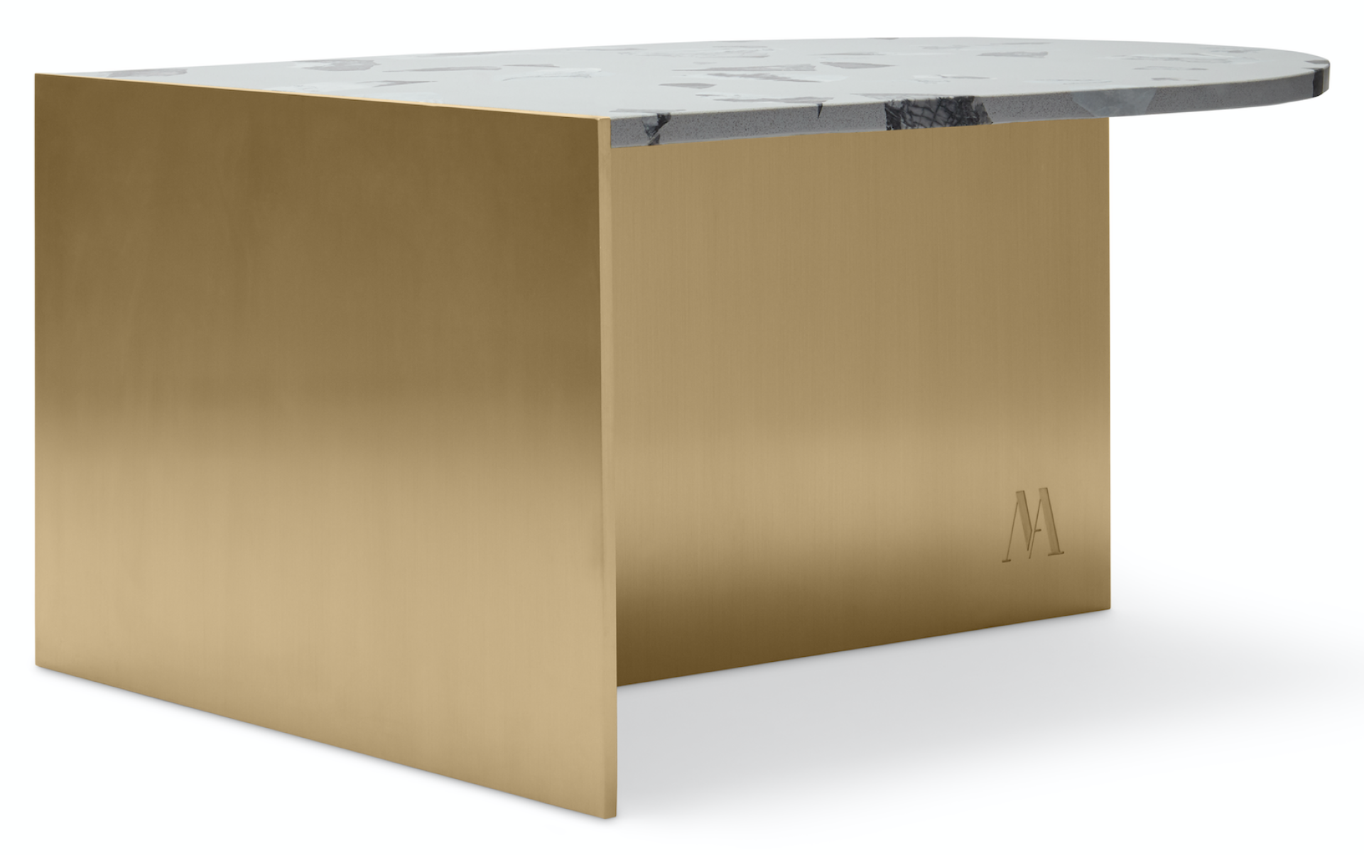 Sleek gold side table with a marble top, showcasing the unique design of Maison Arabella's architectural interior studio.