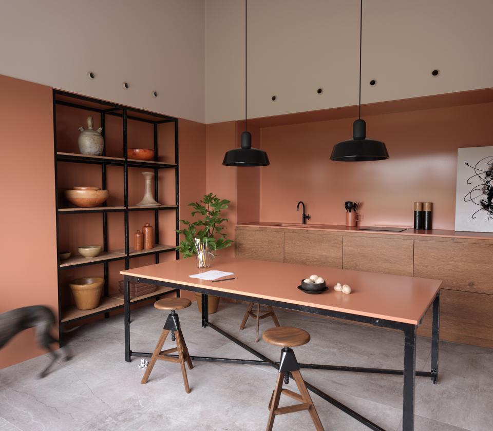 Modern kitchen with a coral accent wall, minimalist furniture, and decorative items, highlighting innovative design for Material Source Studio.