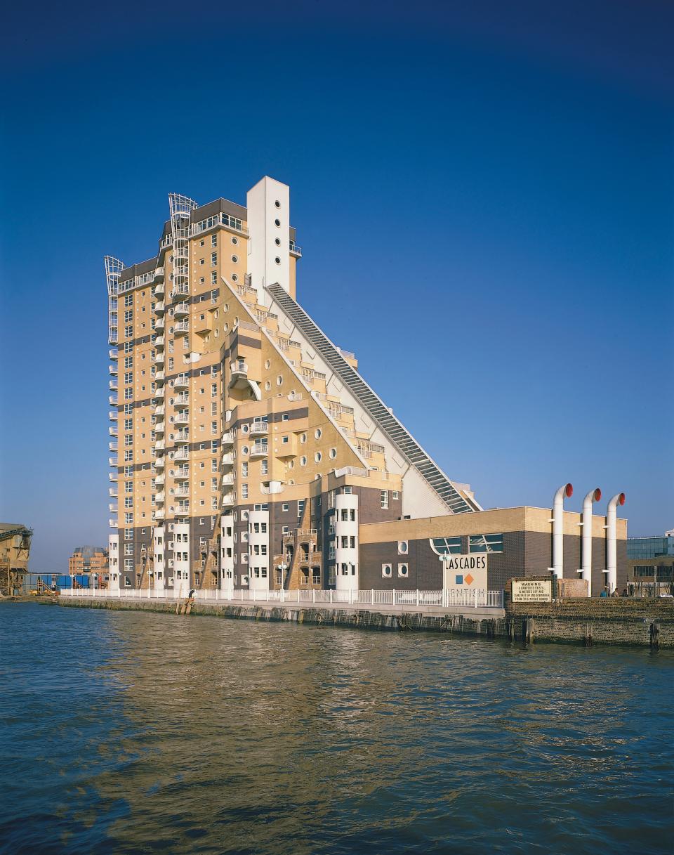 Modern architectural design of a unique structure on the waterfront, showcasing postmodernism in British architecture.
