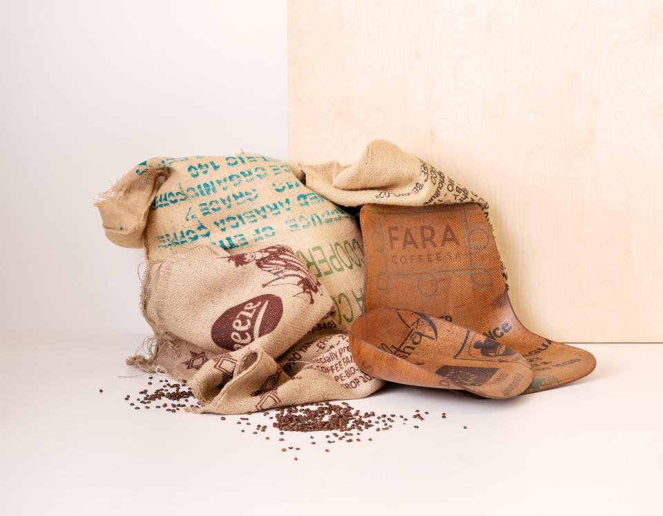 Unique furniture made from transformed coffee bags, showcasing sustainable design by Vepa and Peeze with scattered coffee beans.