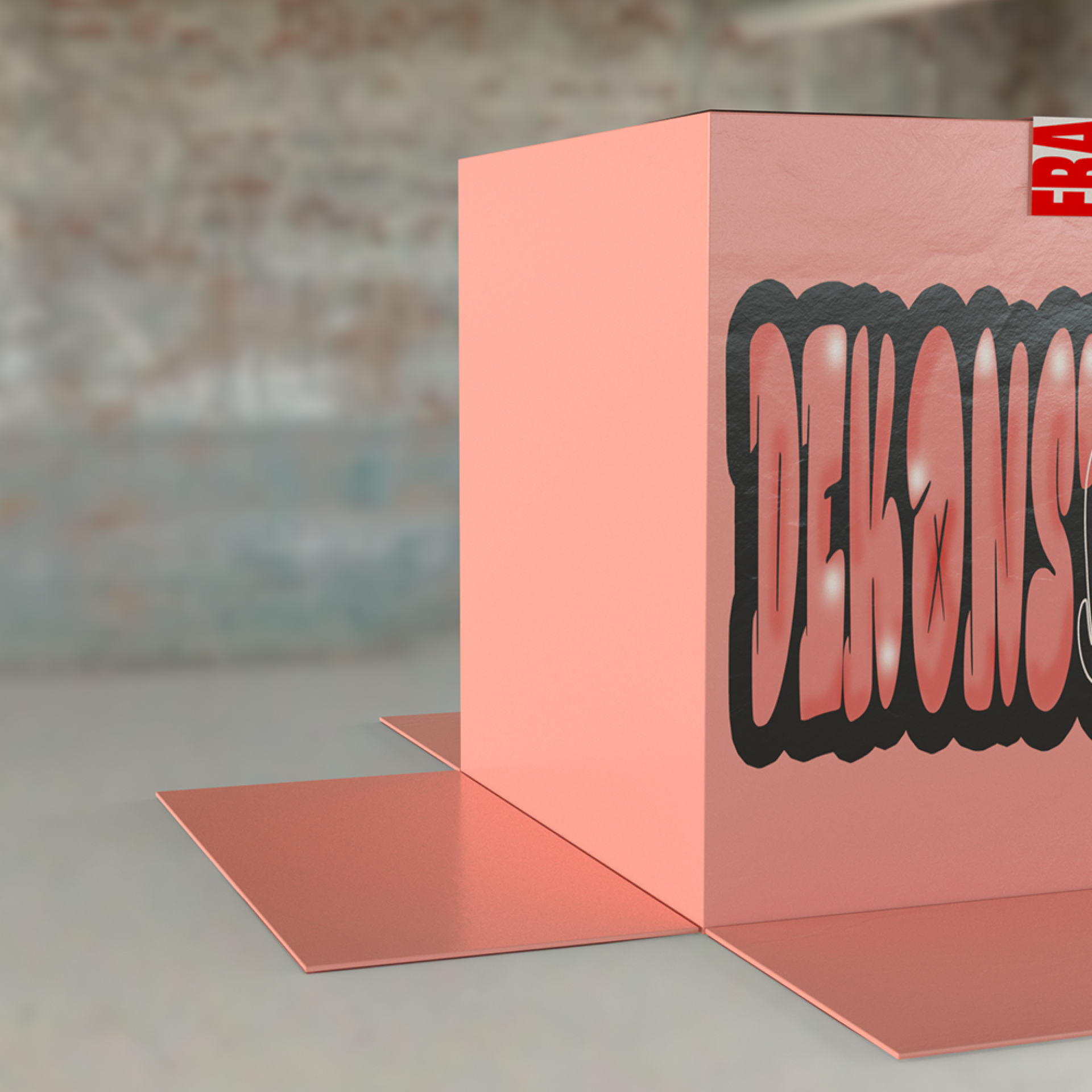 Stylish pink box featuring bold graffiti-style lettering, representing innovative sustainable design at the New Designers event.