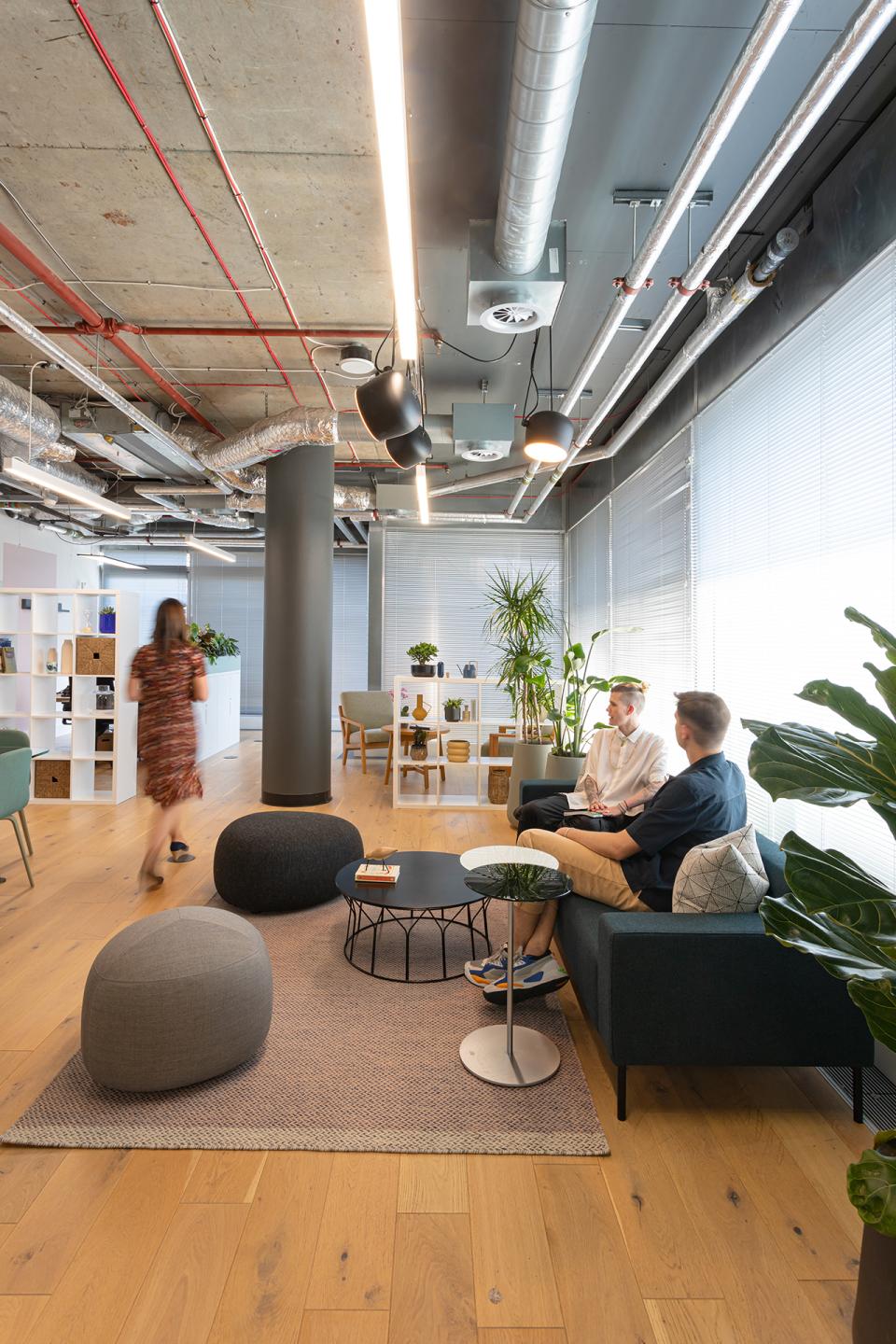 Modern, inviting interior of a community space for First Love Foundation, showcasing plants and cozy seating arrangements.