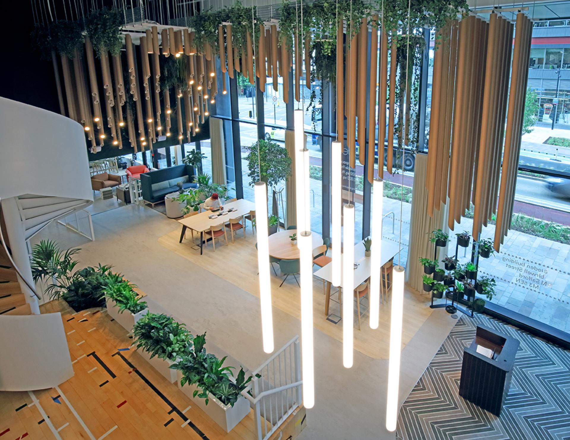 Brightly lit social hub in Eden, New Bailey, featuring modern seating, greenery, and sustainable design elements.