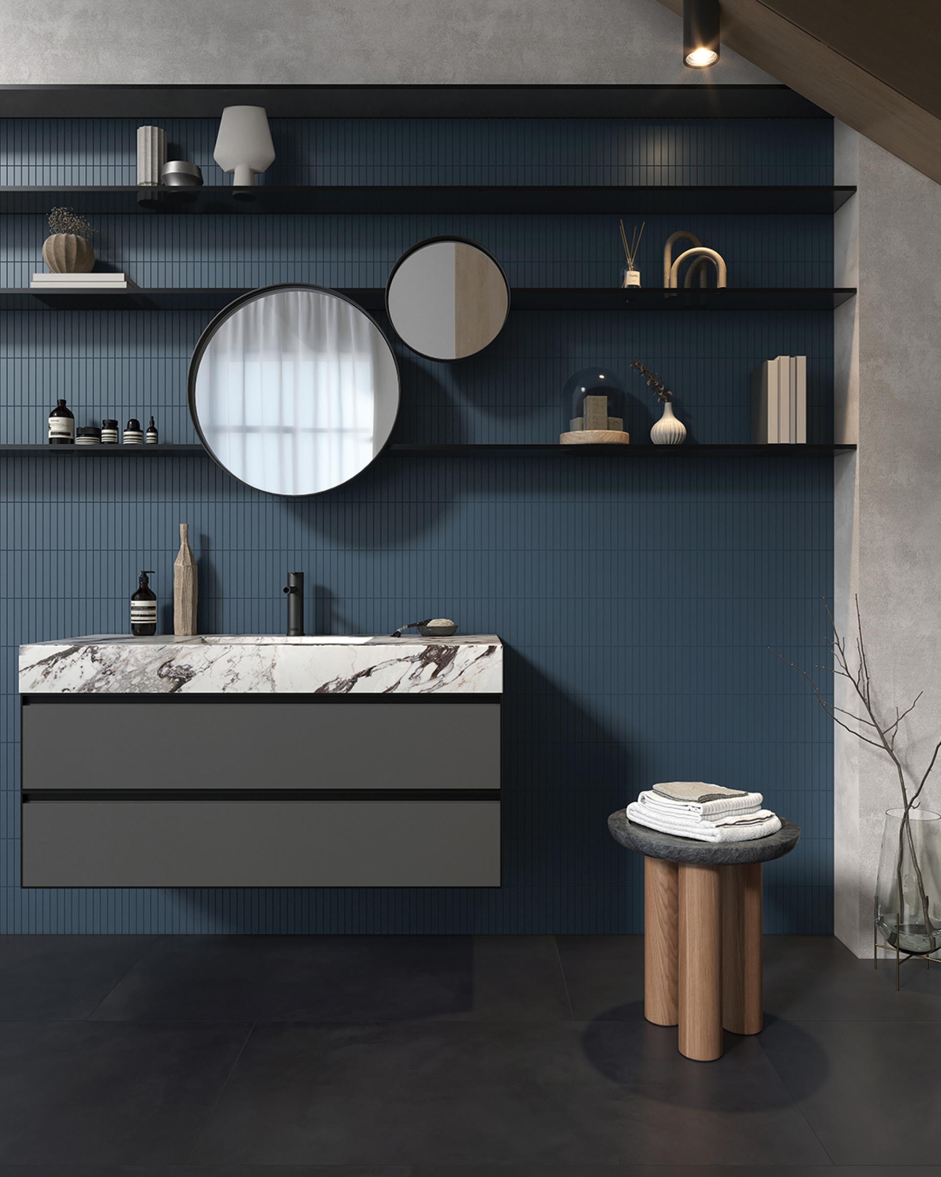 Modern bathroom featuring Kakam porcelain mosaic tiles, a marble countertop, contemporary decor, and minimalist design elements.