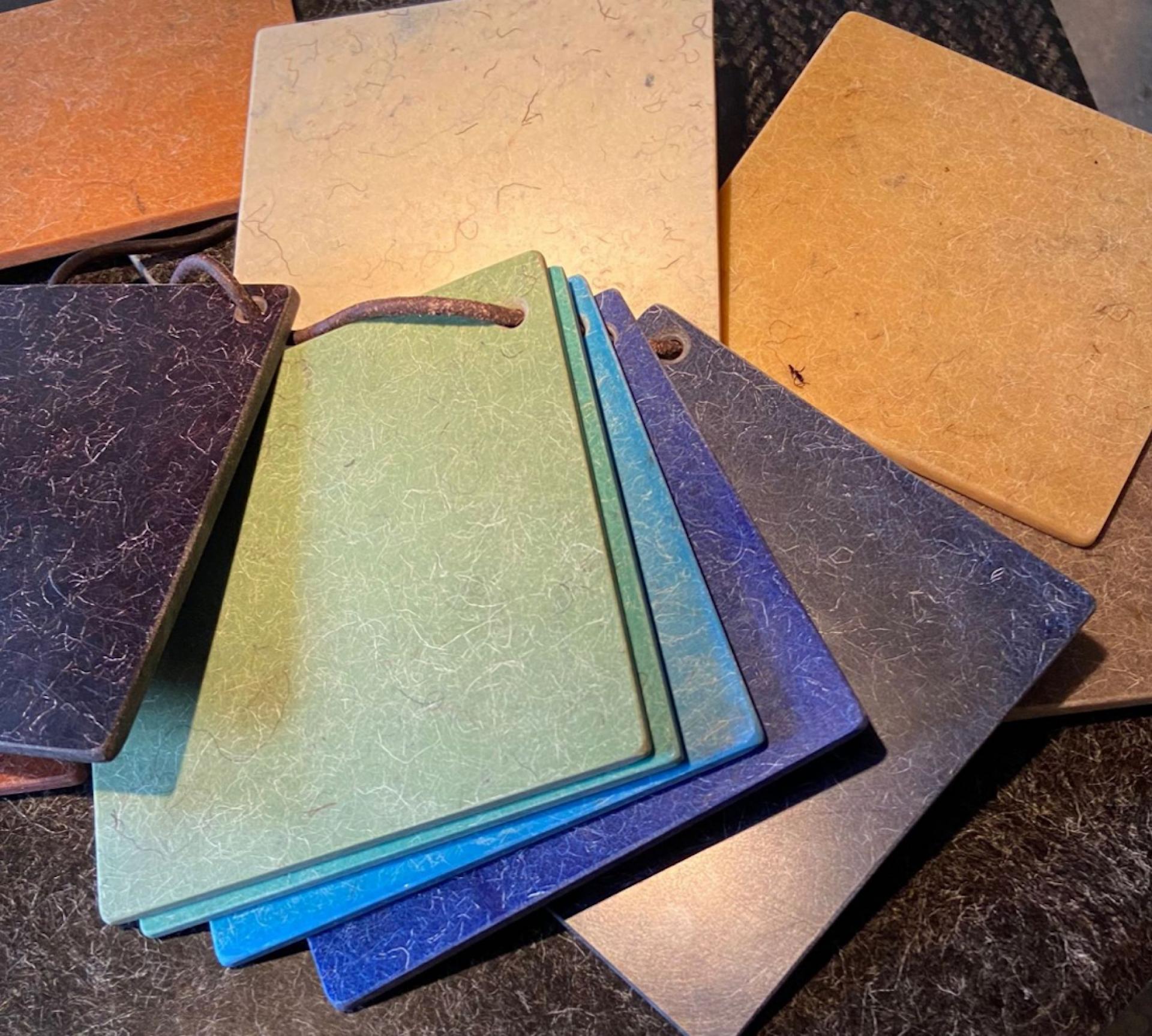 Colorful samples of sustainable biomaterials displayed, showcasing innovative textures and eco-friendly options for design applications.