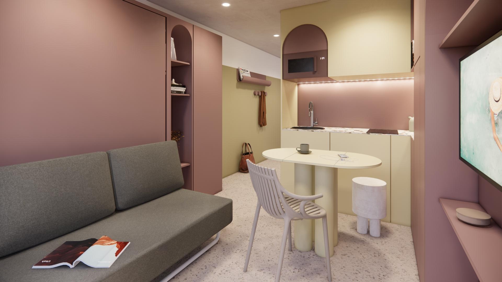 Modern co-living space with a minimalist kitchen, stylish furniture, and calming color palette designed by MONIKA Studio for Kosy.