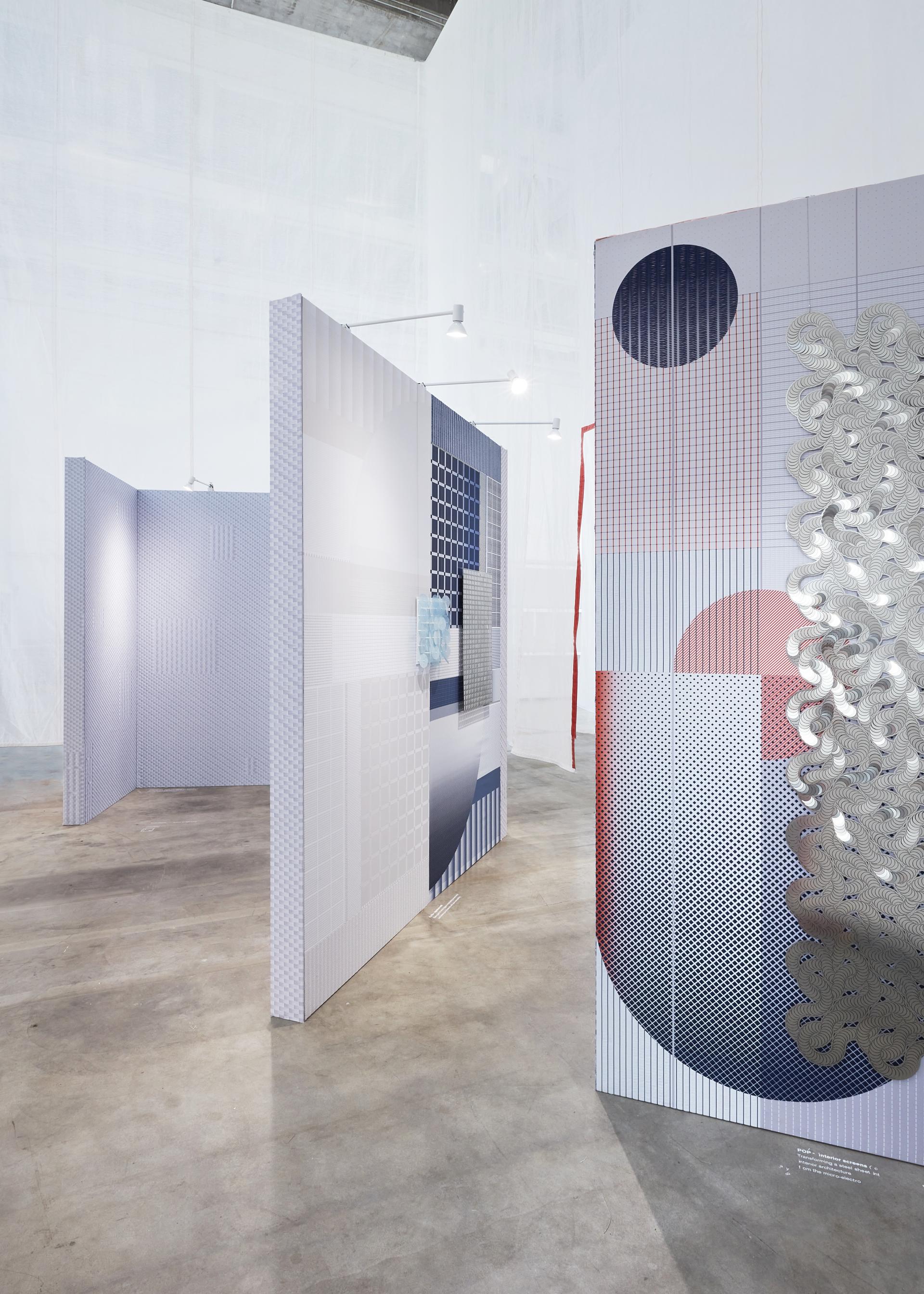 Interactive installation featuring innovative wall designs exploring biotechnologies and sensory experiences in interior spaces.