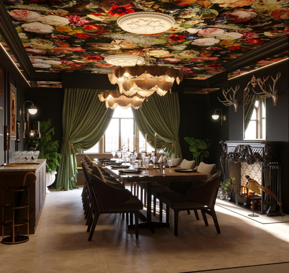 Luxurious dining area with floral ceiling, elegant table settings, and deep green curtains at WILDES Chester hotel.