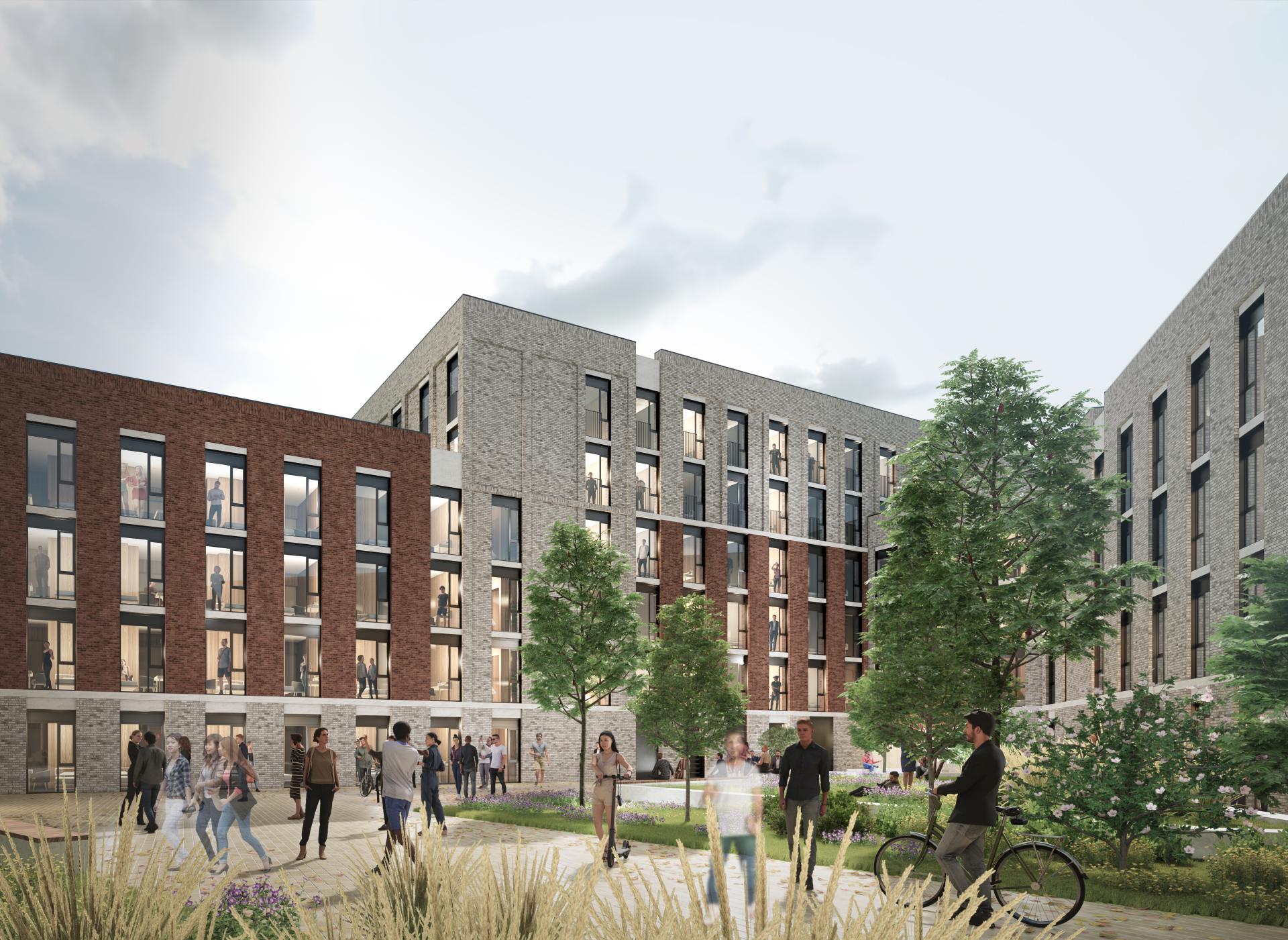 Contemporary residential development featuring green spaces and pedestrians, highlighting modern architecture in Scotland's building sector.