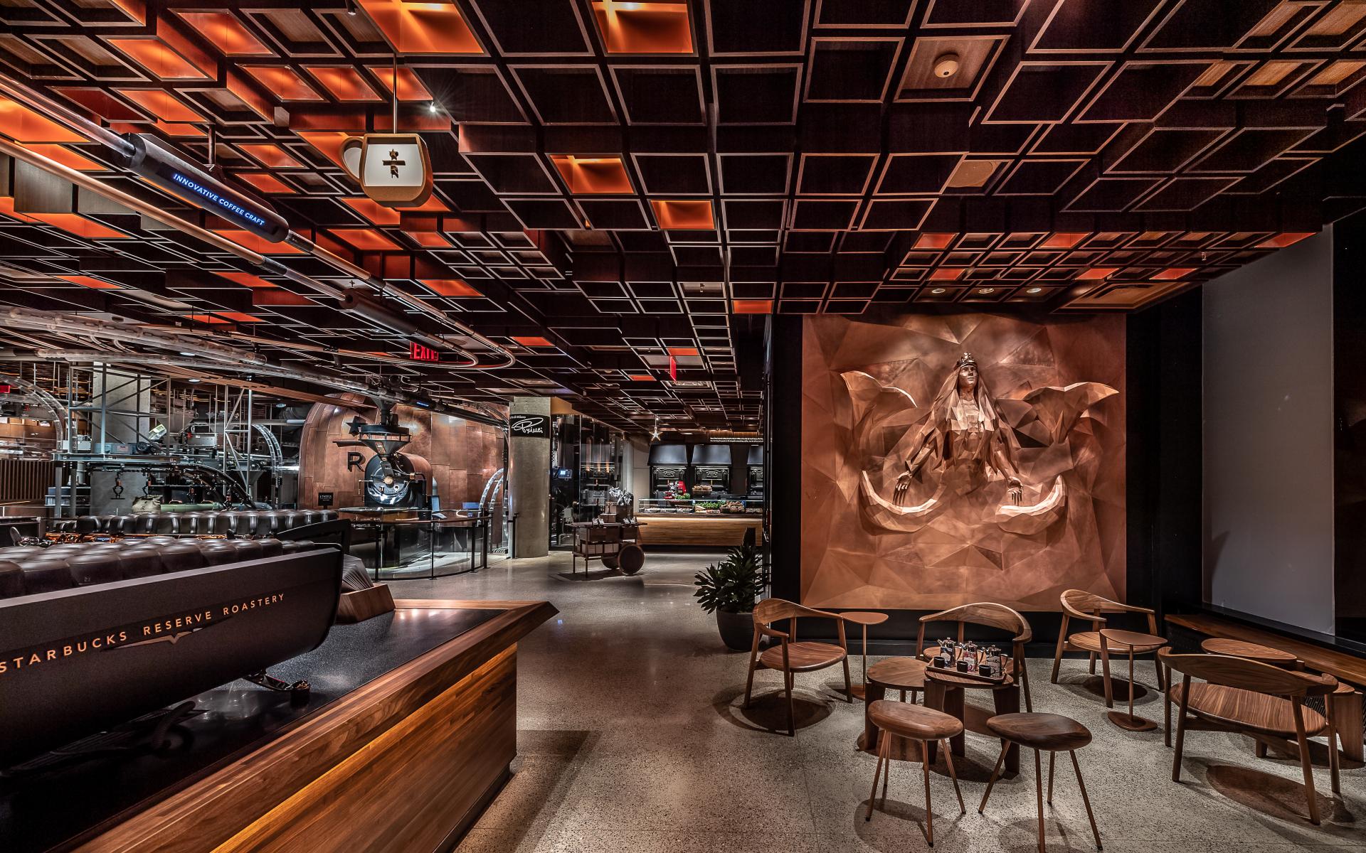 Sophisticated interior of Starbucks Reserve Roastery in New York, featuring unique art and modern design elements.