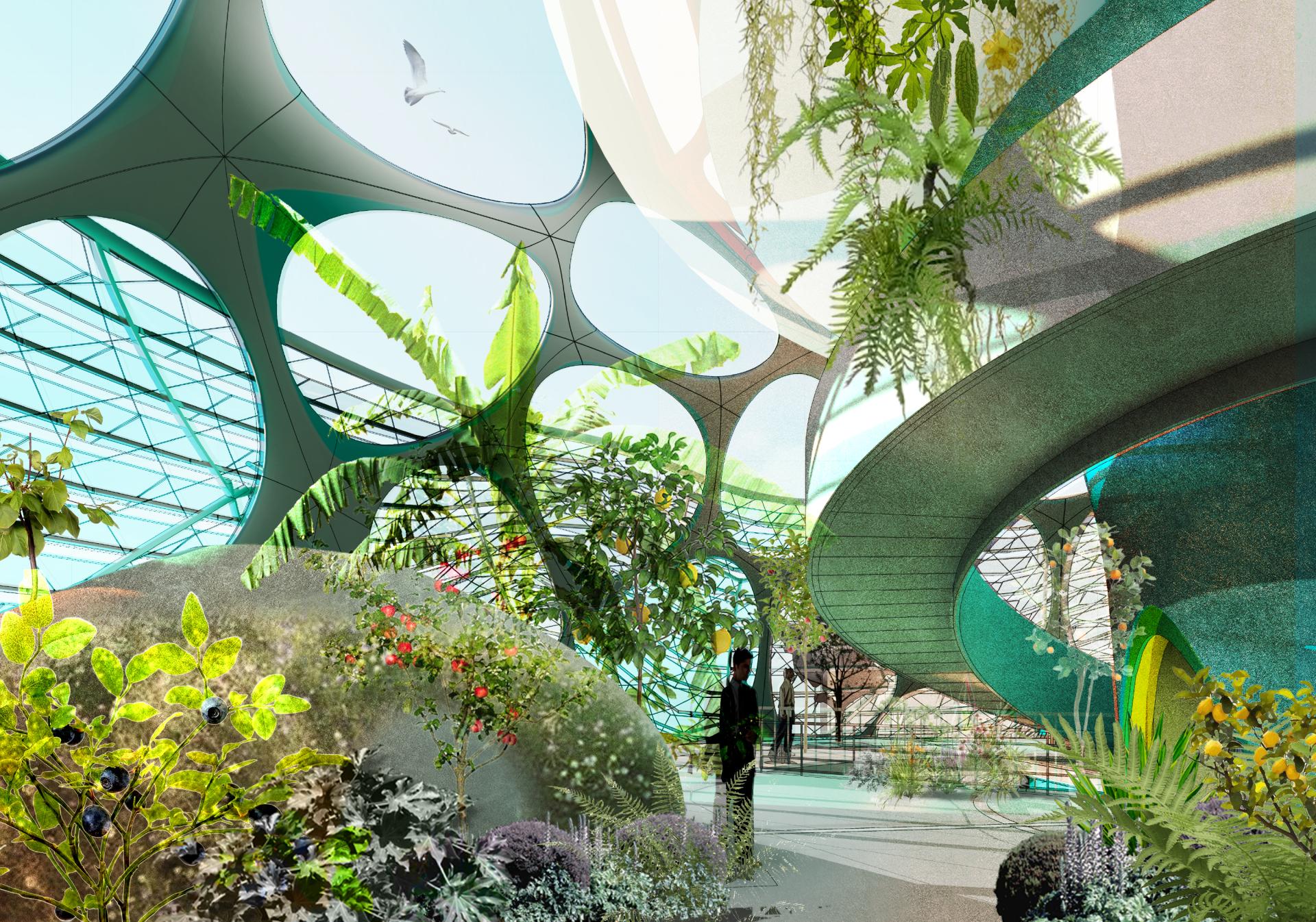 Futuristic architecture design featuring greenery and natural light, highlighting innovative concepts from Manchester School of Art graduates.