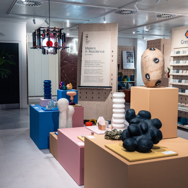 Colorful sculptures and design exhibits showcased at the Makers in Residence exhibition in Material Source Studio, Glasgow.
