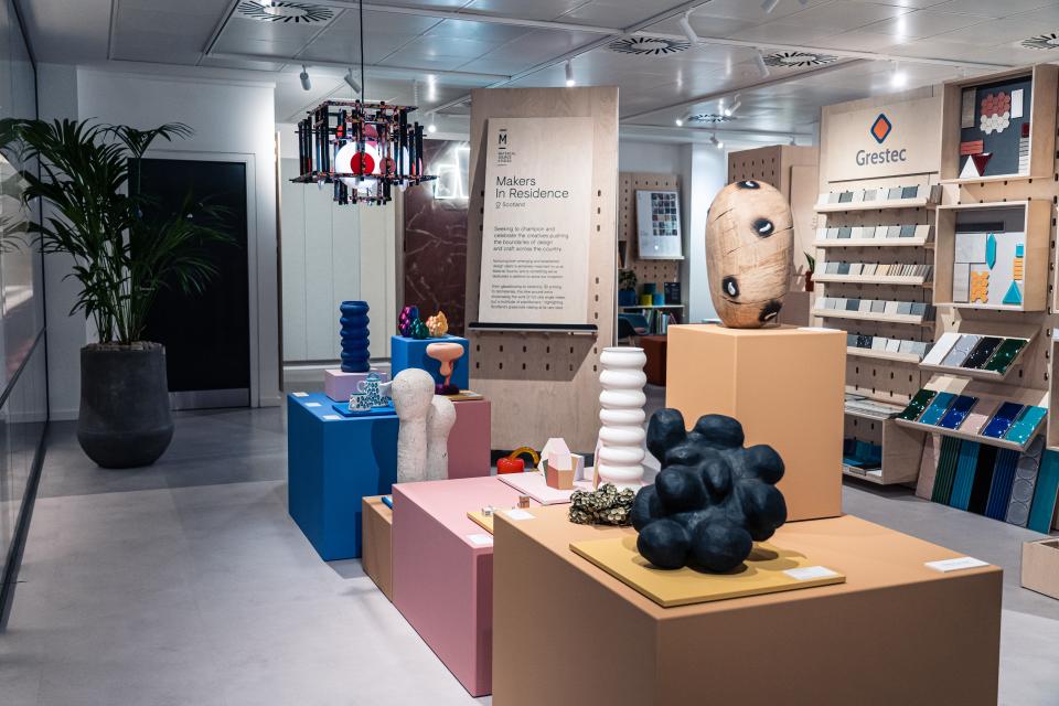 Colorful sculptures and design exhibits showcased at the Makers in Residence exhibition in Material Source Studio, Glasgow.