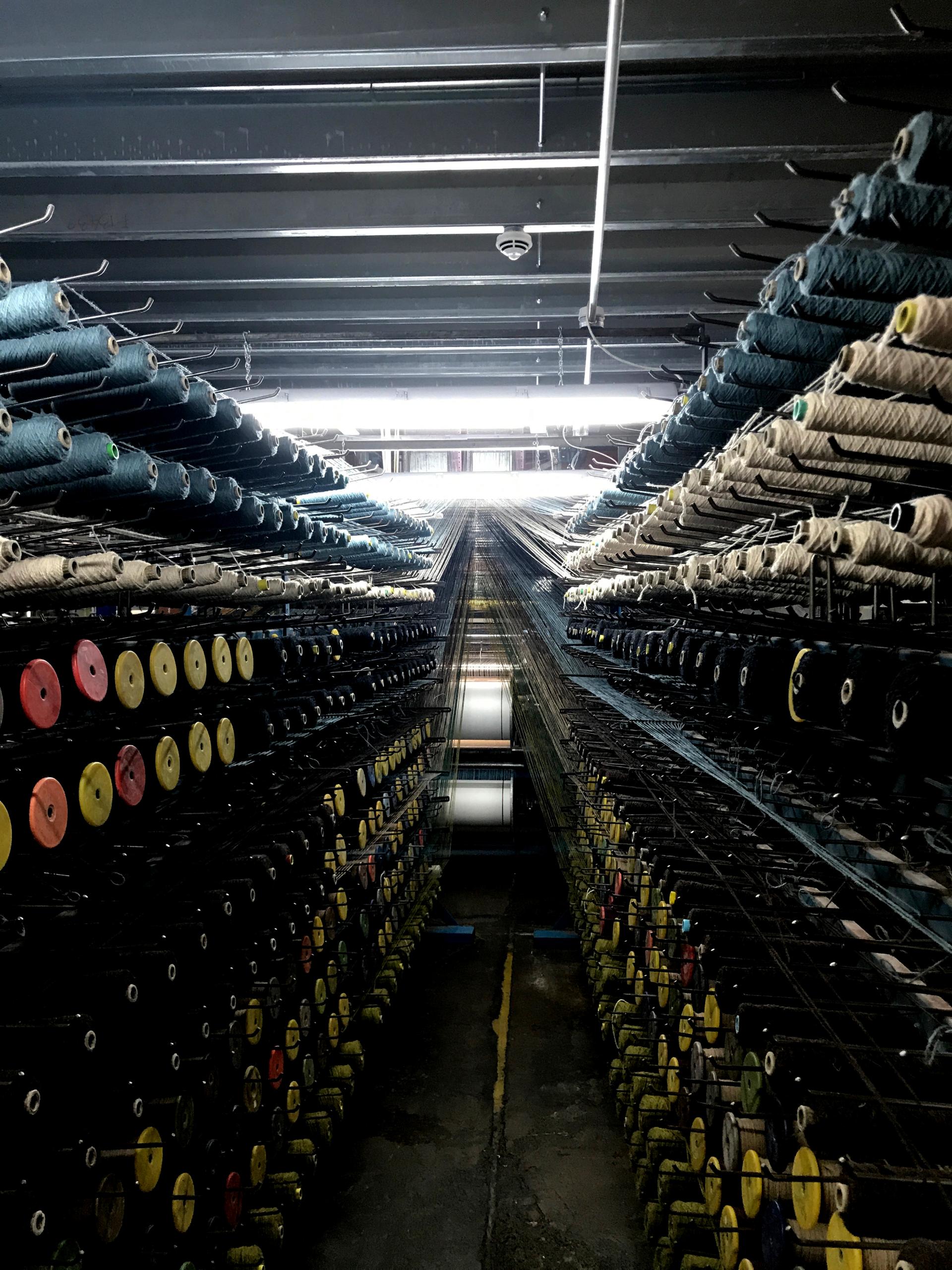 Wool spools neatly arranged on shelves, showcasing the transformative process of British wool in textile production.