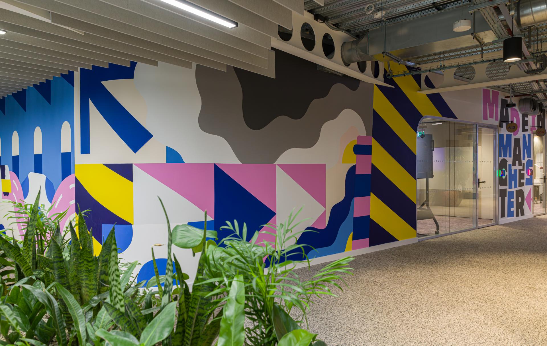 SpaceInvader's workplace scheme for Virgin Media O2 balances vibrancy with variety to support congregation and calm.