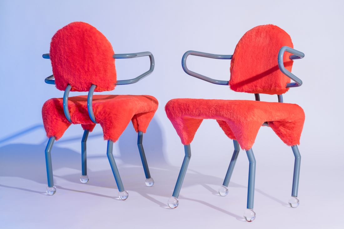 Animal Chair, Masanori Umeda, 2020 (based on a 1982 design), limited edition of 24 items + 2 artist's proof, “Night Tales” Collection, Post Design. Small armchair with metal and synthetic fabric seat and round plexiglass feet. Dimensions: W 50, D 53, H 80 cm. Photograph © Delfino Sisto Legnani. Courtesy of Memphis srl. 