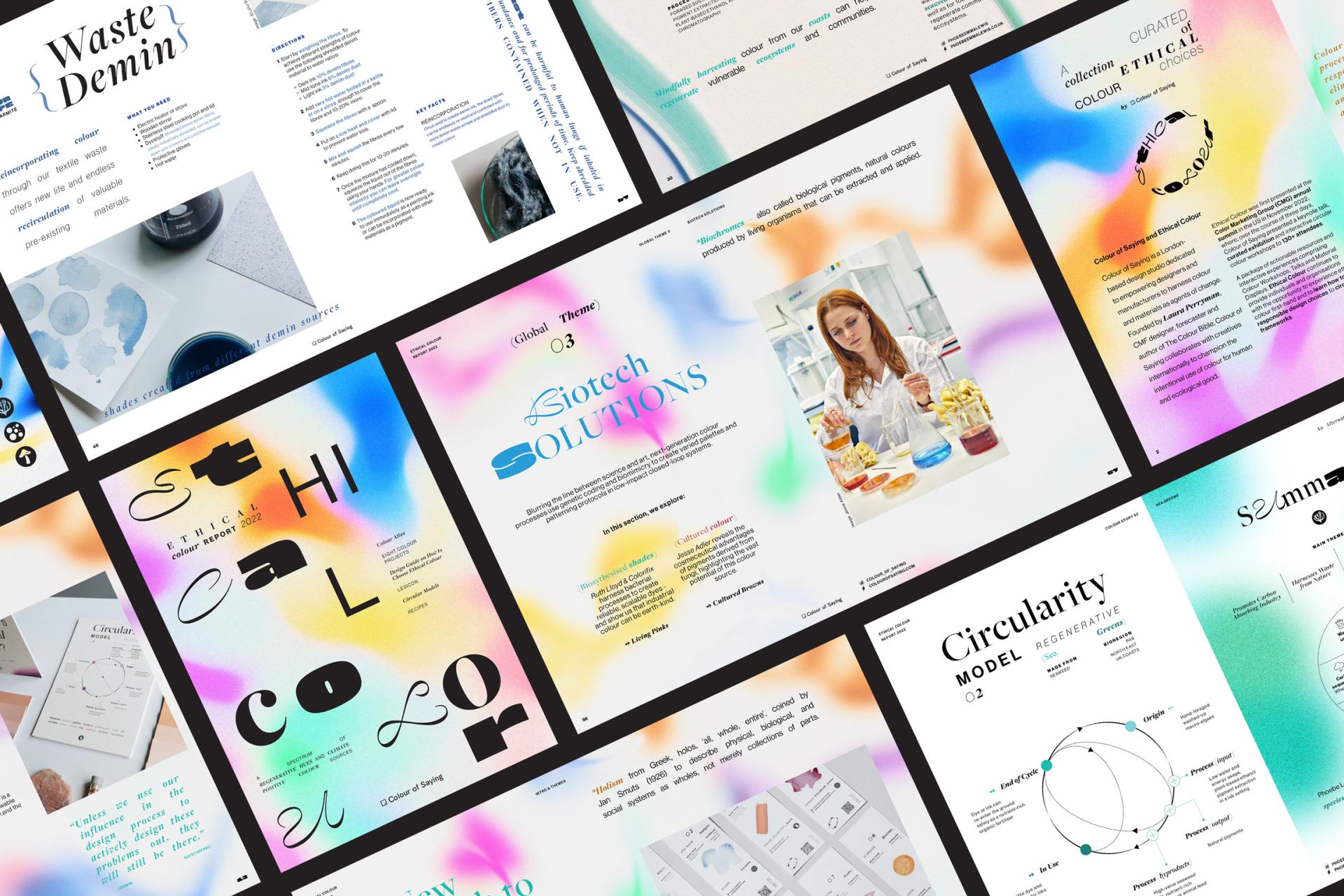 Colorful design layouts featuring sustainable materials, circularity concepts, and a CMF designer working with natural pigments.