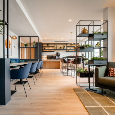 Modern co-living space designed by Ekho Studio, featuring stylish furniture, greenery, and an open kitchen area.