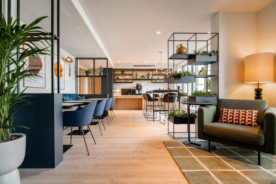 Modern co-living space designed by Ekho Studio, featuring stylish furniture, greenery, and an open kitchen area.