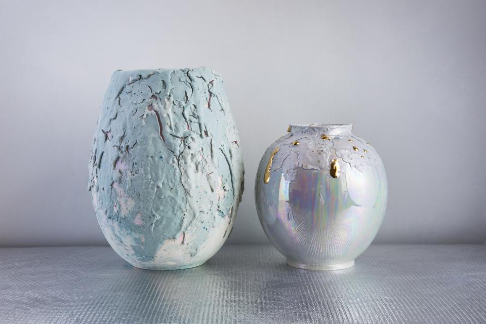 Coralla Maiuri's new Bottega d’Arte vases featuring iridescent finishes and volcanic textures, ideal for contemporary decor.