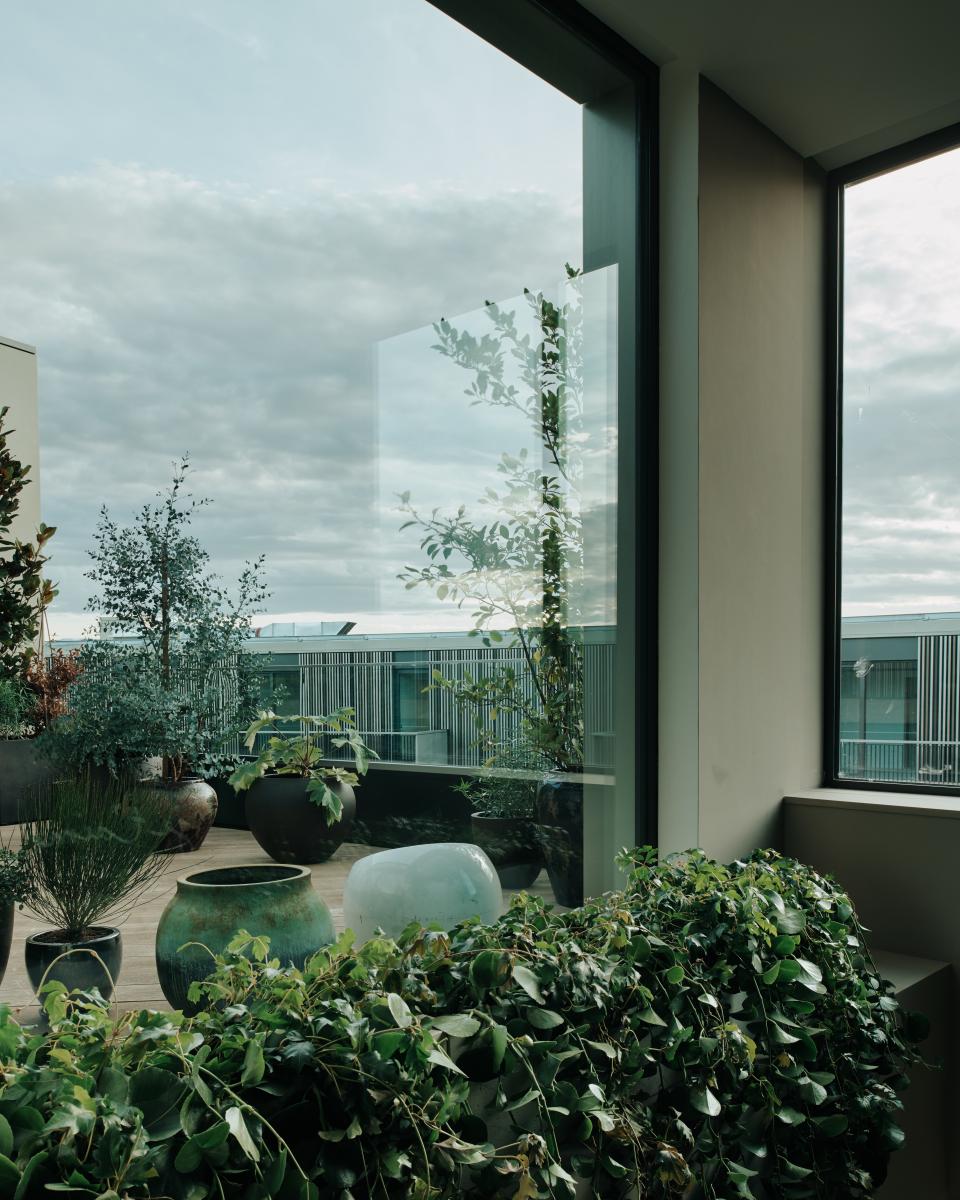 Elegant terrace view showcasing stylish greenery and artistic planters, reflecting the sophisticated interior design collaboration at Helios 710.