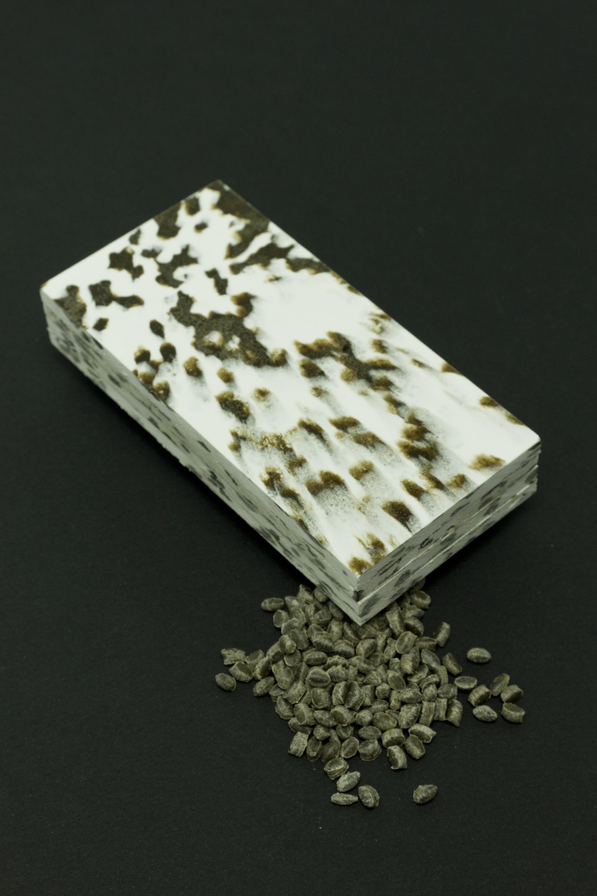 Bio-based material block beside seeds on a dark background, showcasing innovative sustainable design by New Materialists.