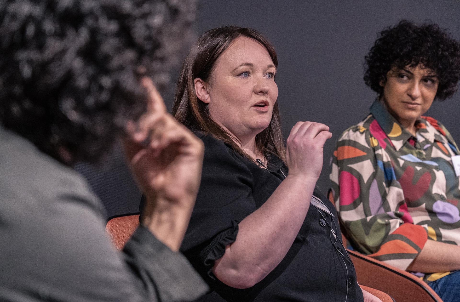 Panel discussion on technology featuring diverse speakers engaged in dialogue at Material Source Studio event.