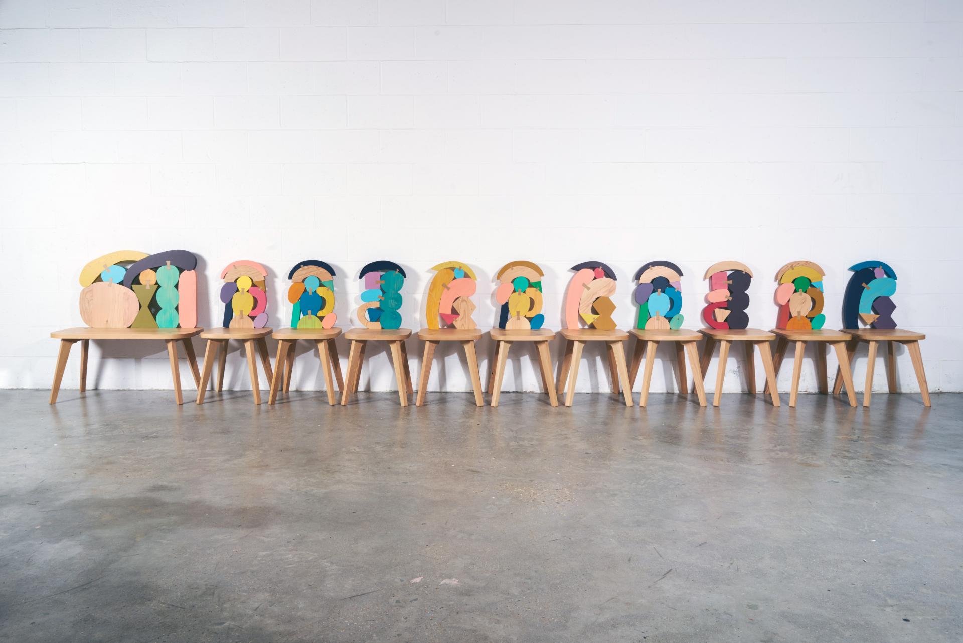 Colorful, abstract wooden chair designs showcased by SCP and Donna Wilson, emphasizing contemporary furniture aesthetics.