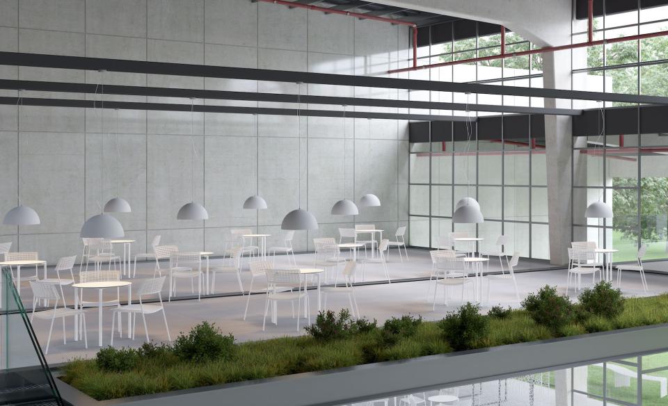 Modern interior featuring the eco-sustainable CALA chair by Martin Ballendat, highlighting its stackable design and functional elegance.