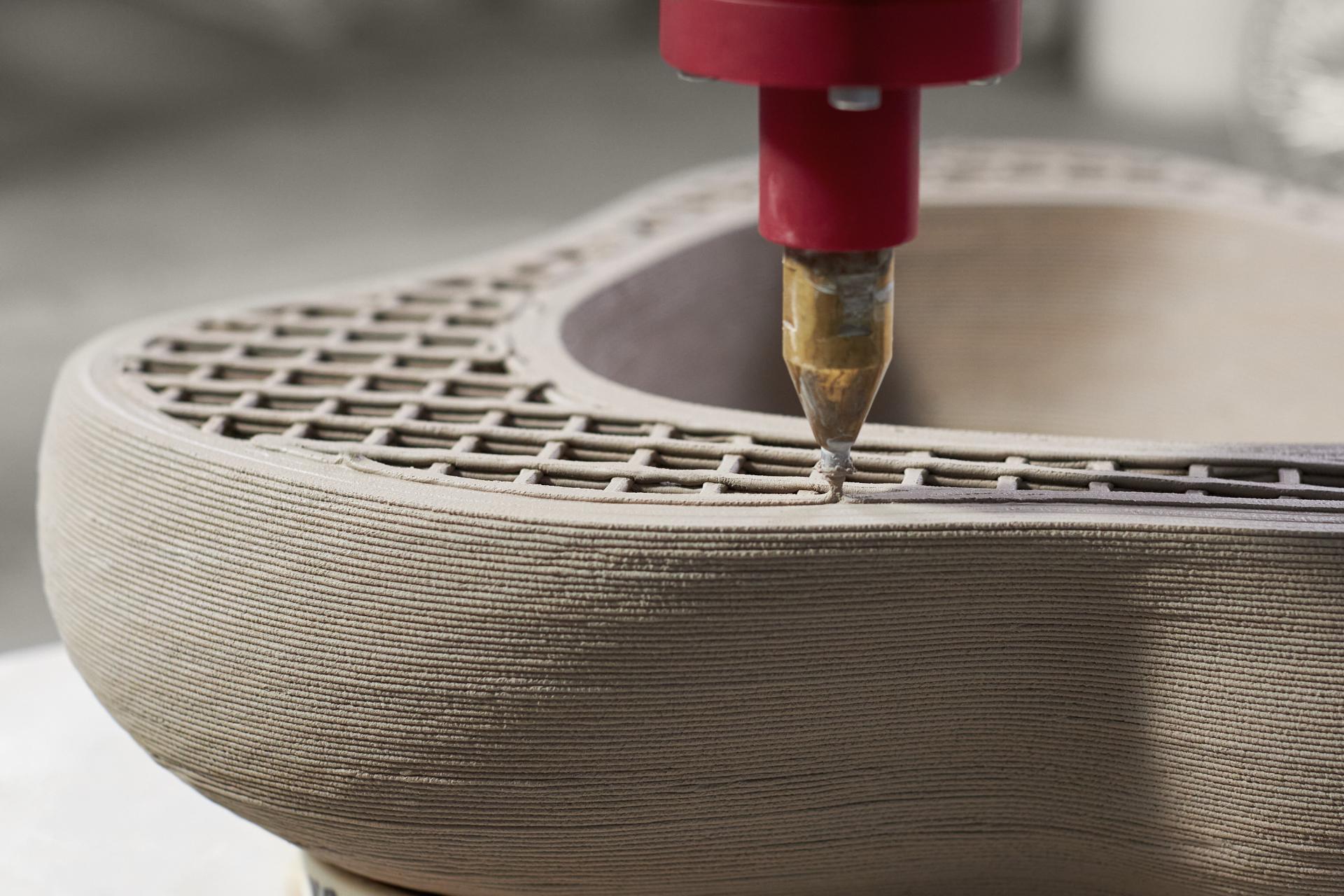 3D-printed sink in progress, showcasing innovative design and craftsmanship from the Kohler and Daniel Arsham collaboration.