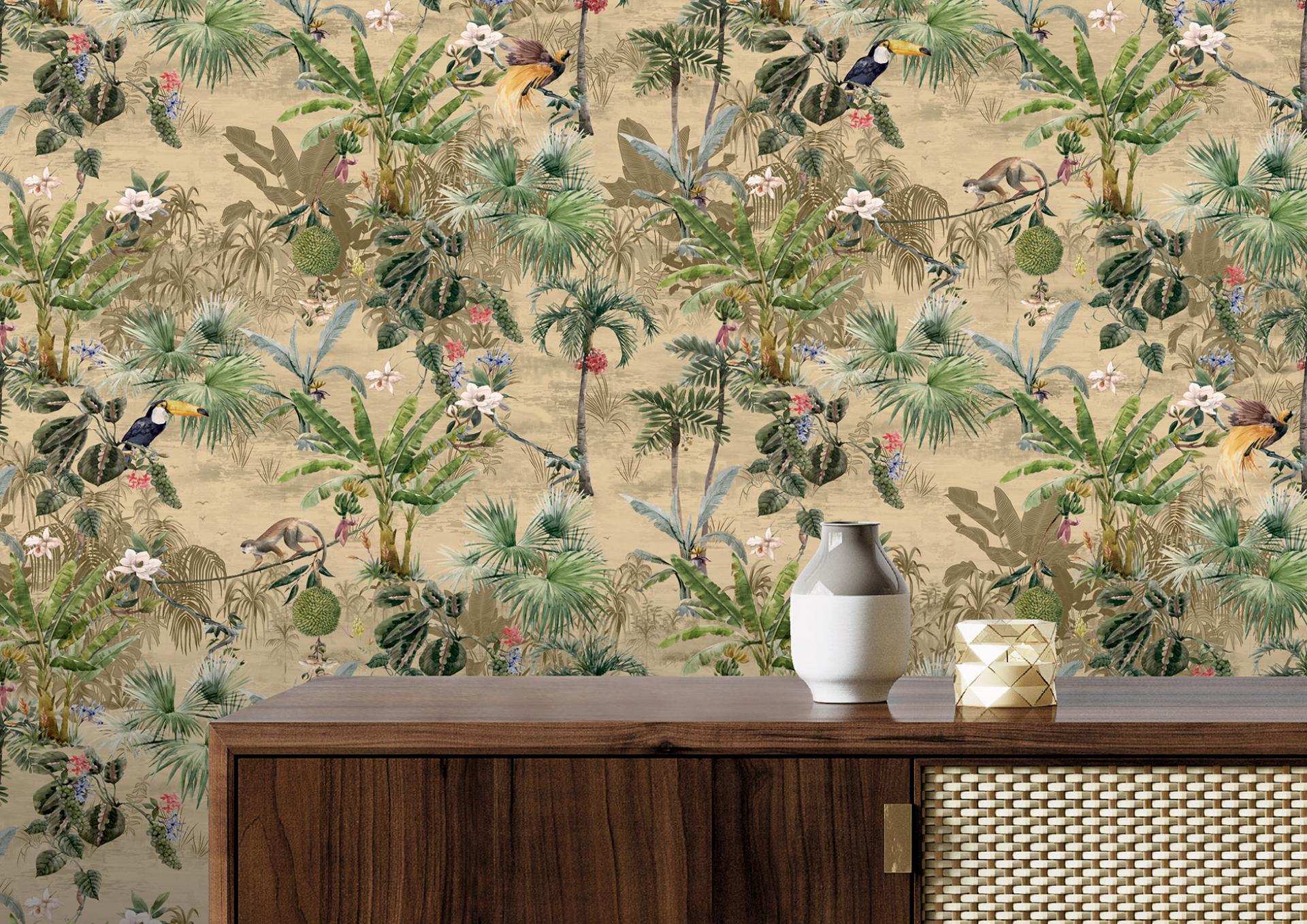Vivid nature-inspired wallcovering featuring tropical plants and wildlife, displayed with modern decor elements.