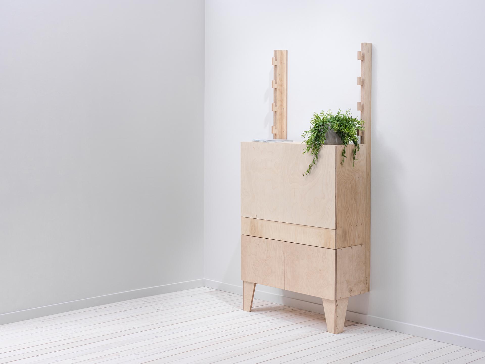 Bespoke modular workspace featuring a minimalist wooden cabinet with greenery, designed and crafted in Manchester.
