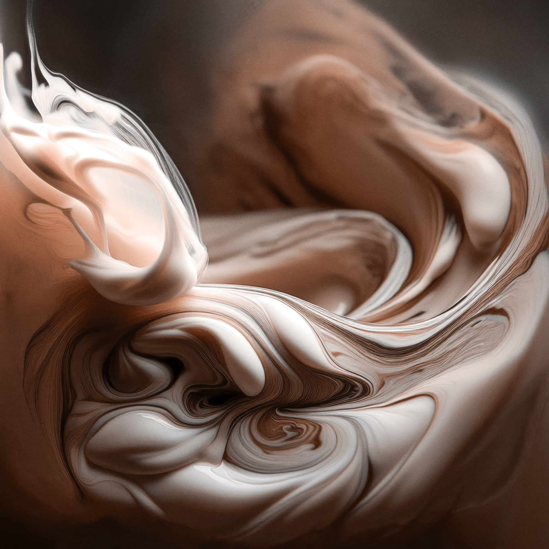 Abstract swirls of cream and soft brown highlight 2024's top colour inspirations in a fluid, artistic representation.
