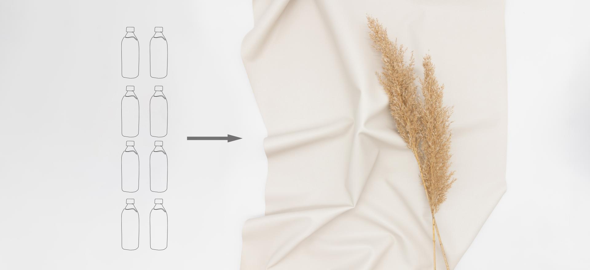 Recycled backcloth representing the transformation of 7.5 plastic bottles into sustainable fabric, accompanied by natural decor.