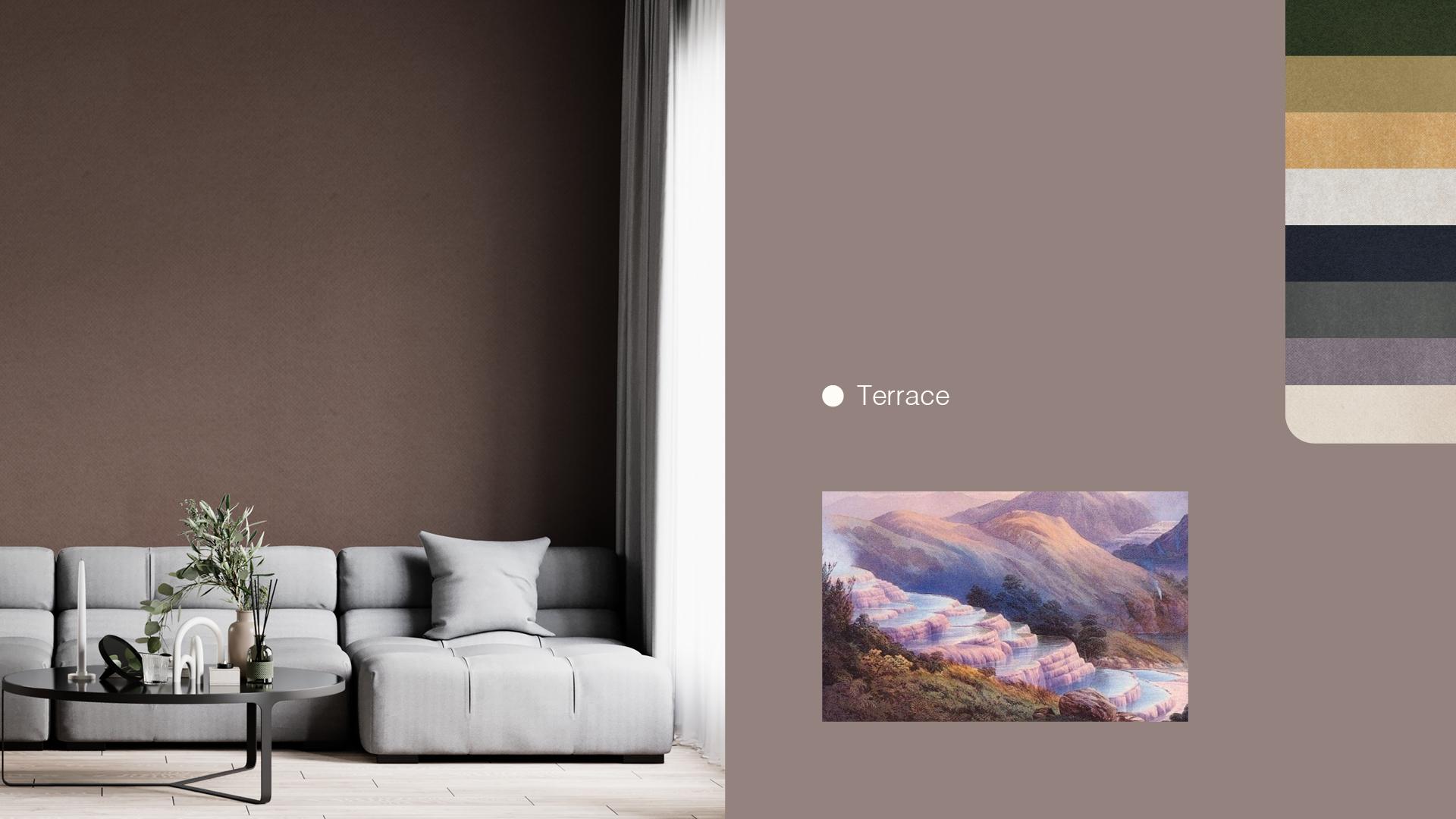 Modern living room featuring neutral tones, comfy sofa, and plant accents, showcasing Autex's new color "Terrace."